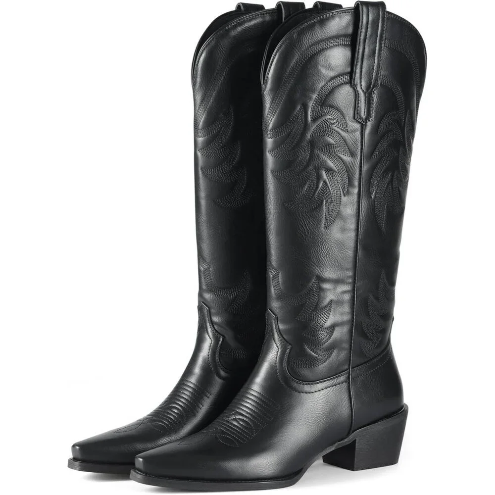 Women Pu Midnight Black Knee High Pointed Toe Block Heel Cowboy Western Boots - Picture 8 of 9